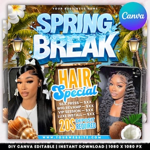 Op de afbeelding: Een promotionele afbeelding voor een speciale aanbieding van een kapsalon voor de voorjaarsvakantie. Het ontwerp toont de woorden "Spring Break" in blauw en "Hair Special" in geel. Twee vrouwen worden getoond met verschillende kapsels.