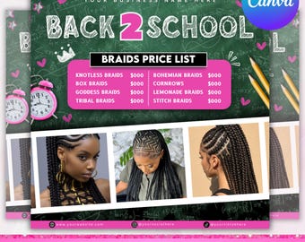 Back to School Sale Flyer, Braid Prices Flyer, Back To School Flyer, Back to school Hair flyer, DIY canva template, Canva Editable