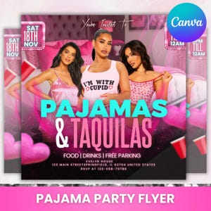Flyer para festa do pijama, impressão para evento de festa do pijama, flyer para festa do pijama e eventos de clube, modelo rosa do Canva, flyer de aniversário, editável do Canva