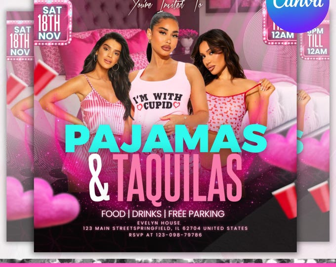 Pajama Party Flyer, Sleepover Event Printable, Sleepover Party & Club Events Flyer, Pink Canva Template, Birthday Flyer, Canva Editable