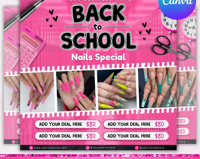Back to School Nail Flyer, August Booking Flyer, Nail Deal Flyer, Nail Special Flyer, Nail Tech Sale Flyer, Nail  Sale Flyer, Canva Editable