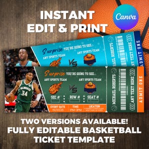 Basketball Ticket Template, Basketball Ticket, Printable Basketball Ticket, Sports Game Ticket, Basketball Tickets Gift, Canva Editable