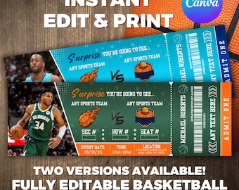 Basketball Ticket Template, Basketball Ticket, Printable Basketball Ticket, Sports Game Ticket, Basketball Tickets Gift, Canva Editable