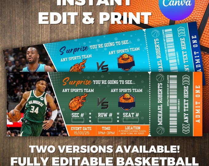 Basketball Ticket Template, Basketball Ticket, Printable Basketball Ticket, Sports Game Ticket, Basketball Tickets Gift, Canva Editable