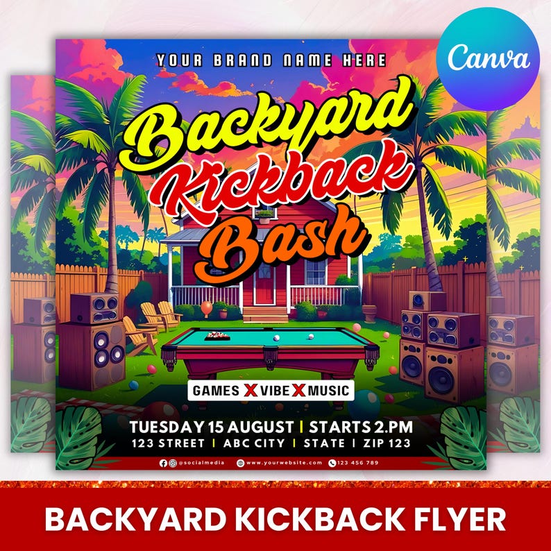Kickback Party Flyer, Editable Kickback Club Flyer, Club DJ Party Invite, Event Flyer, Social Media Flyer, Canva Template, Instant Download Backyard Kickback Flyer, Games & Vibe Flyer, Summer Outdoor Event Flyer, DIY Canva Editable Design Template, Social Media Flyer, Party Flyer Backyard Kickback Flyer, Games & Vibe Flyer, Summer Outdoor Event Flyer, DIY Canva Editable Design Template, Social Media Flyer, Party Flyer