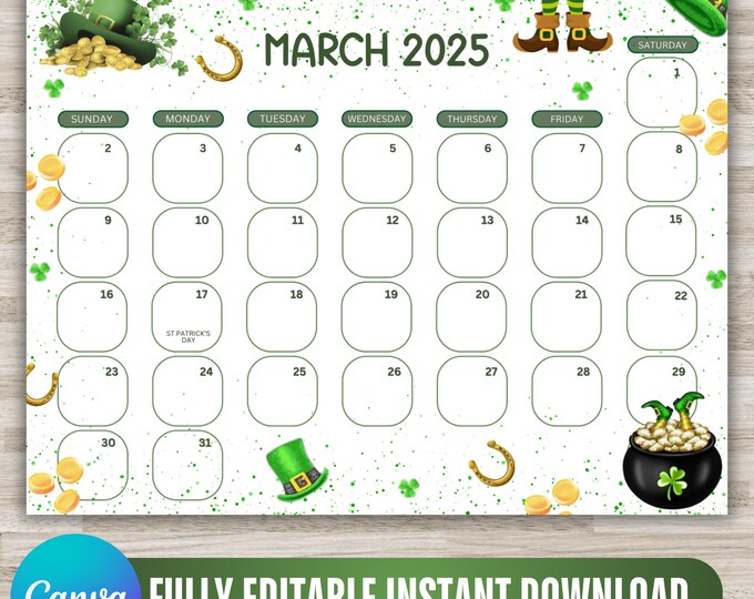 Editable March 2025 Calendar, March 2025 Calendar, Happy St. Patrick's Day, Cute Spring 2025 Planner, Printable Calendar, Canva Editable