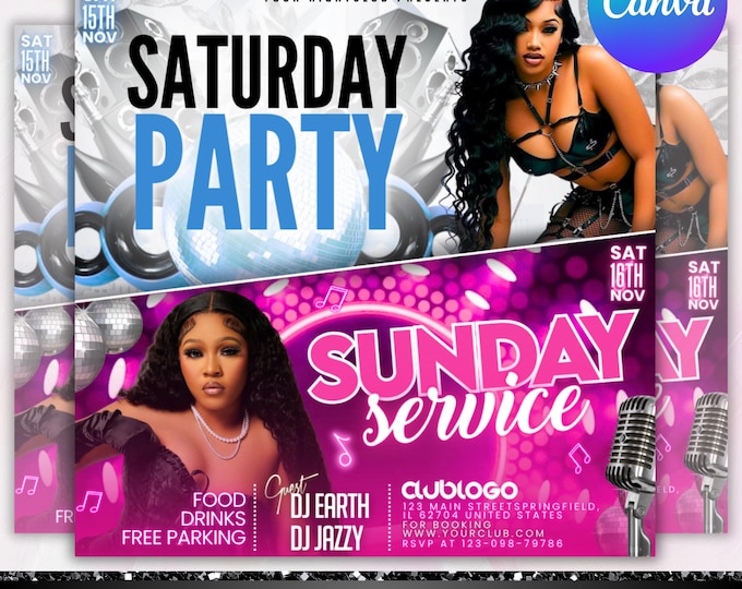 Club Party Flyer, Weekend Party Flyer, After Work Party flyer, Sunday Party Flyer, Saturday Party Flyer, DJ Party Invite, Canva Editable