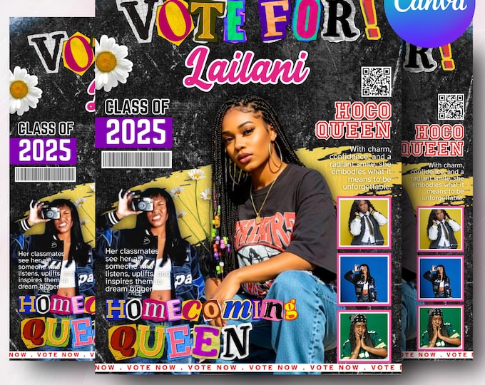 Homecoming Queen Flyer, Homecoming King flyer, homecoming campaign flyer, Vote Homecoming, HOCO Flyer, Vote for me Flyer, Canva Editable