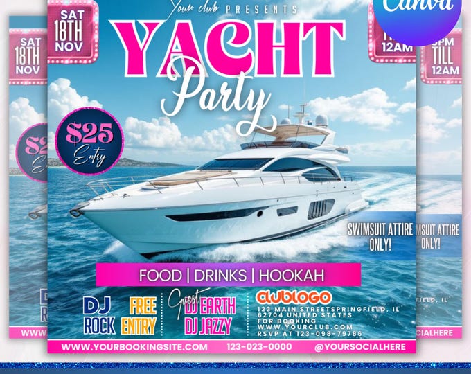 Yacht Party Flyer, Boat Invitation Flyer,Club Flyer Event Flyer, Summer Party Flyer, Social Media Flyer, Birthday Party Flyer,Canva Editable