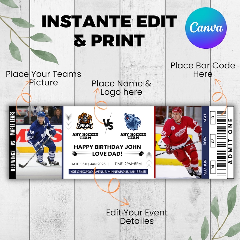 Editable Hockey Ticket, Hockey Ticket Template, Surprise Hockey Game Ticket, Printable Sports Ticket Gift for Him,  Canva Editable