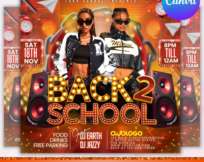 Back to School Party flyer, Back 2 School Flyer, Summer Flyer, Party Invite Flyer, DJ Disco Flyer, Instant Download, Canva Editable
