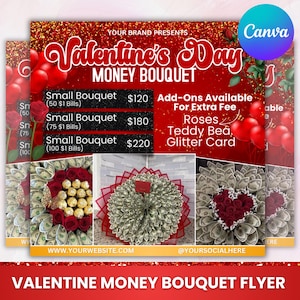 Valentinstag Geld Bouquet Flyer, Geld-Blumensträuße Flyer, Geld-Blumenstrauß Preise, Blumenarrangement Flyer, Valentinstag Flyer, Canva Editierbar