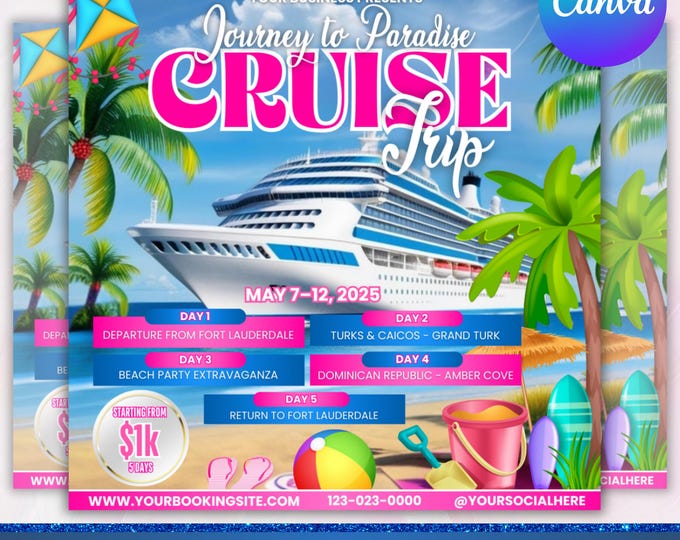 Cruise Trip Flyer,Cruise Travel Agent Flyer,Cruise Vacation Business Trip Template,Boat Yacht Invitation,Birthday party flyer,Canva Editable