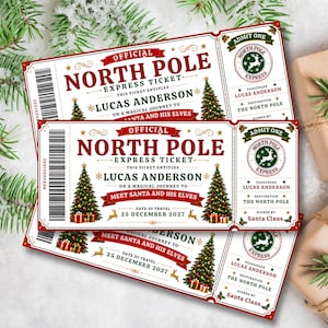 May include: A rectangular North Pole Express ticket printed on white paper with red and green accents. The ticket features the text Official North Pole Express Ticket, Lucas Anderson, and Meet Santa and His Elves, along with Christmas tree graphics.