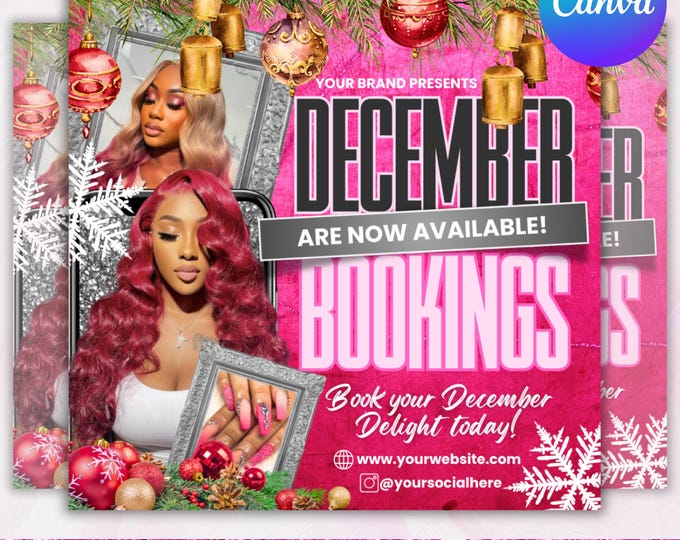 December Booking flyer, Holiday Booking Flyer, Book Now Flyer, Christmas Sale Flyer, Lash, Hair, Makeup, Nails, Wig Flyer, Canva Editable