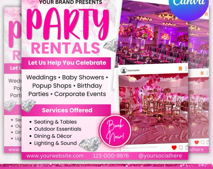 Party Rentals Flyer, Event Supplies Flyer, Event Equipment Rental Flyer, Premade Party Planning Decoration Flyer, Canva Editable