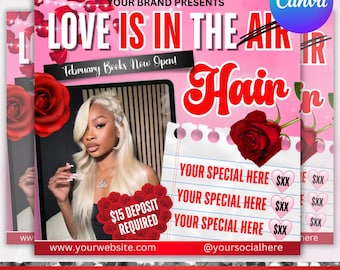 February Booking Flyer, Valentines Day Booking Flyer, February Booking, Hair Braids Nail Lash Makeup Wig Install , Canva Editable
