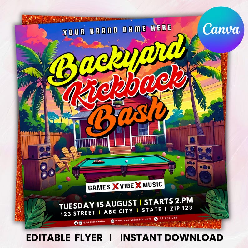 Kickback Party Flyer, Editable Kickback Club Flyer, Club DJ Party Invite, Event Flyer, Social Media Flyer, Canva Template, Instant Download Backyard Kickback Flyer, Games & Vibe Flyer, Summer Outdoor Event Flyer, DIY Canva Editable Design Template, Social Media Flyer, Party Flyer Backyard Kickback Flyer, Games & Vibe Flyer, Summer Outdoor Event Flyer, DIY Canva Editable Design Template, Social Media Flyer, Party Flyer