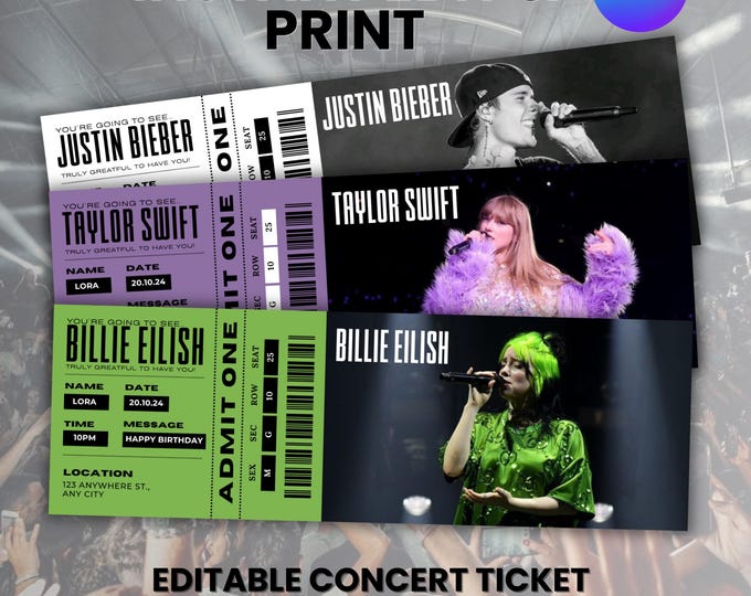 Editable Concert Ticket Template, DIY Event Ticket, Surprise Gift Concert Ticket, Printable Concert Tickets Gift Idea, Canva Editable