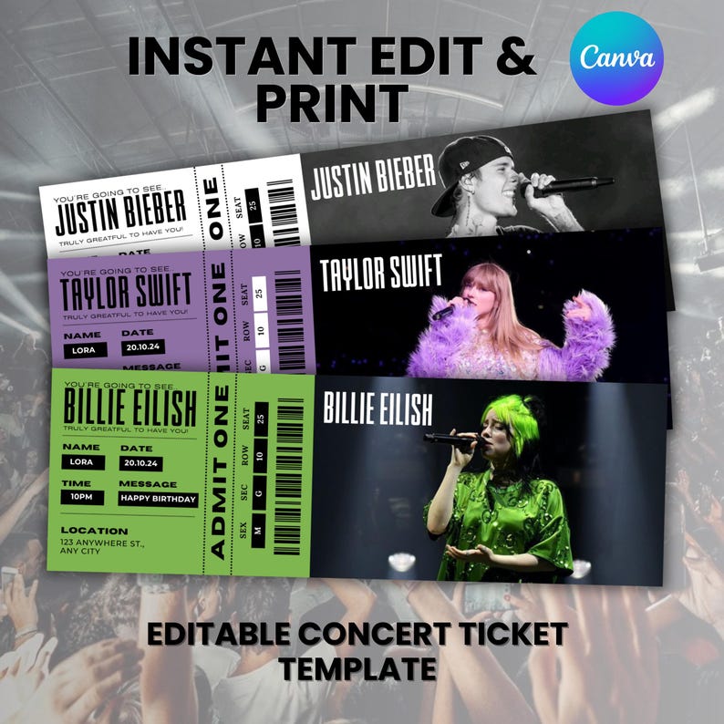 Editable Concert Ticket Template, DIY Event Ticket, Surprise Gift Custom Concert Ticket, Printable Concert Tickets Gift Idea, Canva Editable