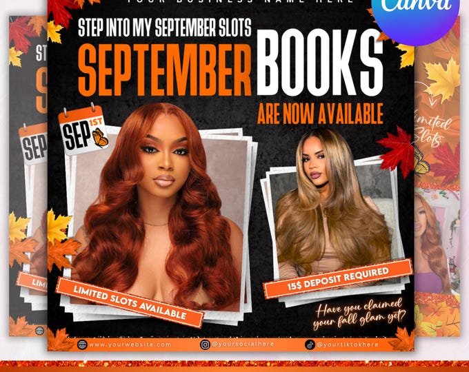 September booking flyer, September flyer, Fall Season Booking Flyer, Fall Szn Sale, Wig Install, Lash Nail Braids Flyer, Canva Editable
