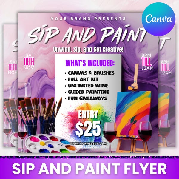 Sip and Paint Party Flyer: DIY Canva Template (Digitaler Download