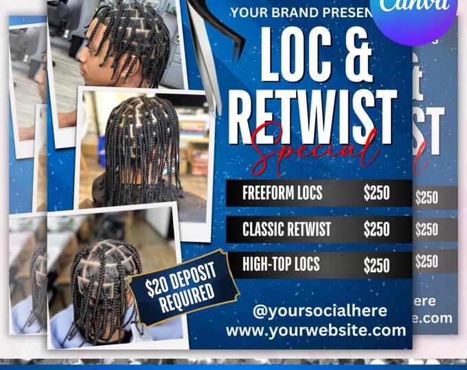 Locs Specials Flyer, Loc And Retwist Flyer, Dread Locks Flyer, Loc Styling Braids Flyer, Hairstylist, Loctician,Locs Special, Canva Editable