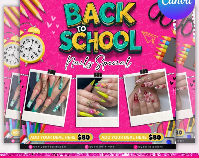 Back to School Nail Flyer, August Booking Flyer, Nail Deal Flyer, Nail Special Flyer, Nail Tech Sale Flyer, Nail  Sale Flyer, Canva Editable