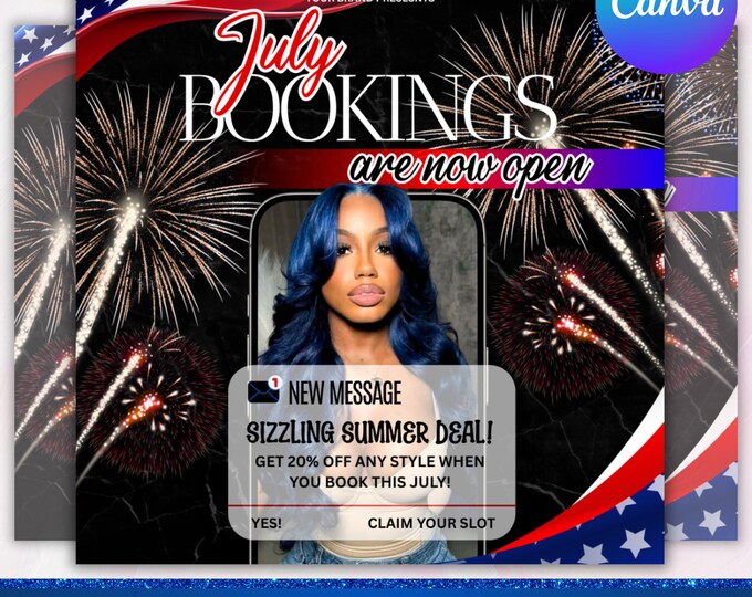 July Booking Flyer, July 4th Flyer, Now Booking July, Hair Braid Lash Brow Flyer, Books Open, Nail wig install Hair Flyer, Canva Editable