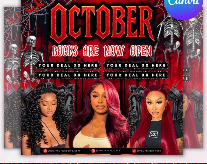 October Booking Flyer, October Books Open, Halloween Hair Flyer, Spooky SZN Flyer, October Hair Flyer, Nails MUA Lash Locs Wig, DIY Canva