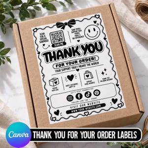 May include: A rectangular white sticker with black text and graphics applied to a brown cardboard box. The sticker features a thank you message, a QR code, social media icons, a smiley face, and hearts, with the text WWW.YOUR WEBSITE.COM at the bottom.