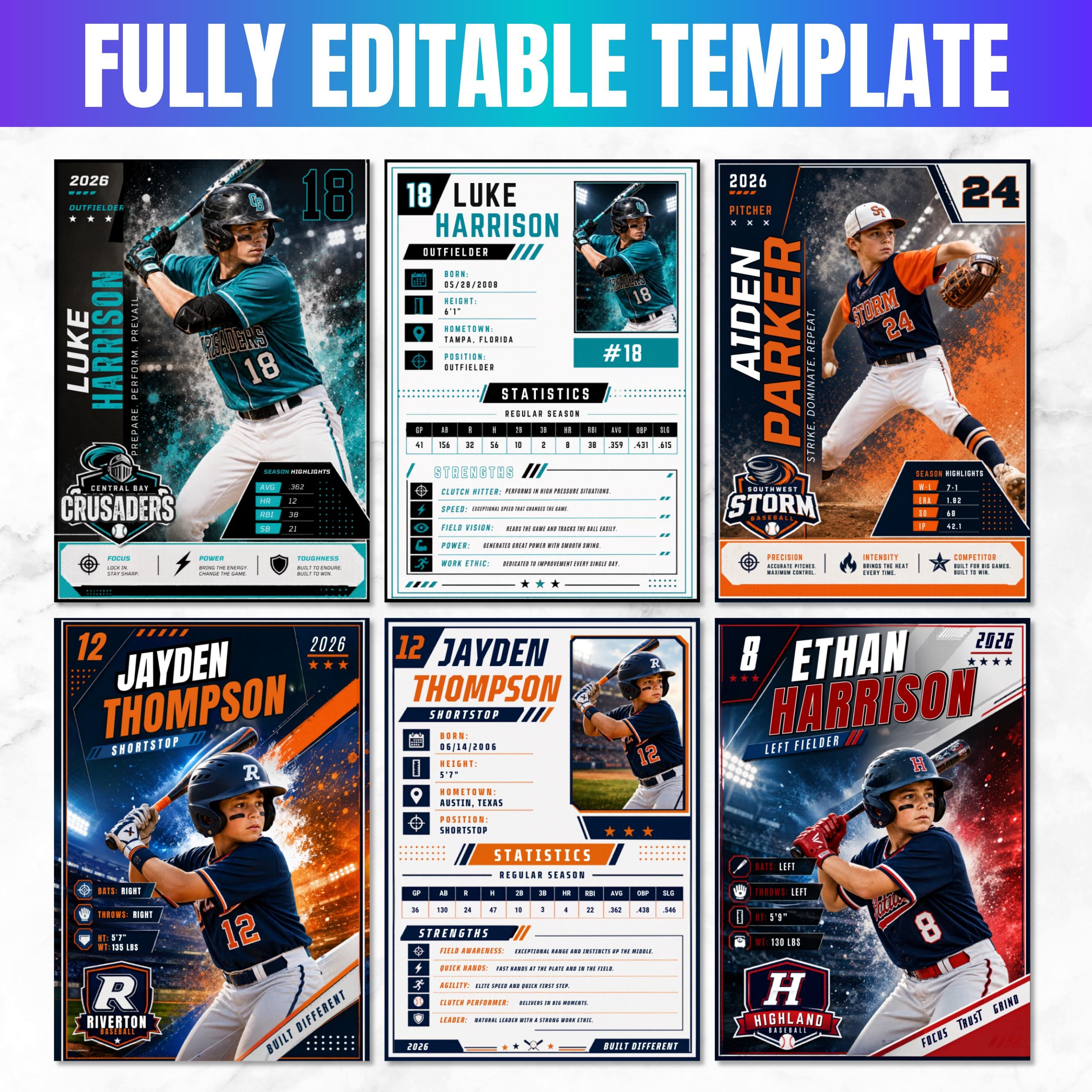 Baseball Trading Card Template Set, 6 Editable Double-sided Player ...