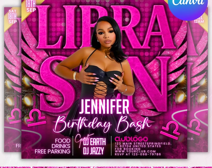 Libra Birthday Flyer, Birthday Girl, Happy Birthday Flyer, Libra Season, Libra Party Flyer, Celebration Flyer, Editable Canva Template