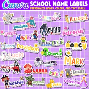 May include: A collection of colourful school name labels featuring various cartoon characters, animals, and names like Jones, Vanessa, Alexandra, Jessica, Chris, Petrocia, Henry, Davidson, James, Charlie, Lucia, Mark, Alastair, Laura, Kathie, Lucas, and Jakie.