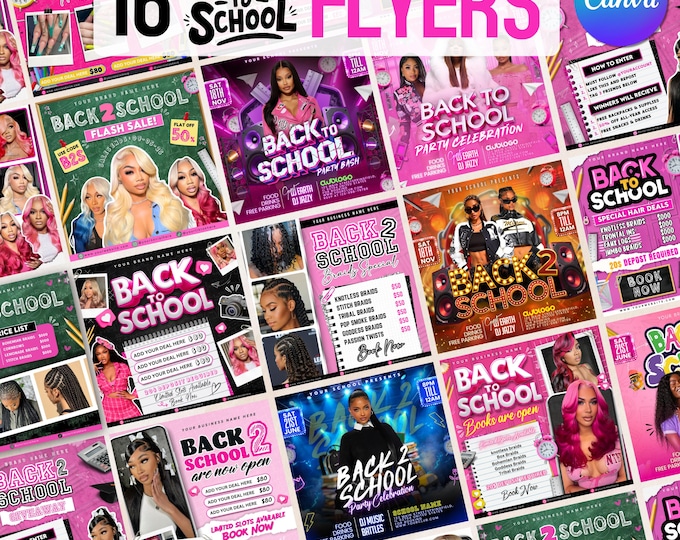 Back To School Flyer Bundle, All in one bundle Back to school sale flyer, Back to school Hair flyer, DIY canva template, Canva Editable
