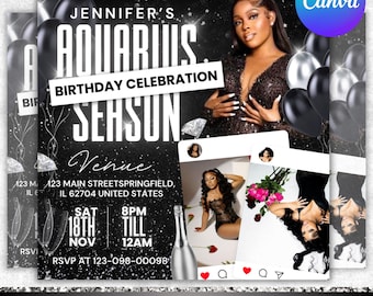 Aquarius Birthday Flyer, Birthday Party Flyer, Aquarius season,Birthday Party Evite,Birthday Girl Party,  Aquarius Bash Flyer,Canva Editable