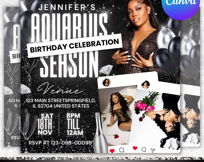 Aquarius Birthday Flyer, Birthday Party Flyer, Aquarius season,Birthday Party Evite,Birthday Girl Party,  Aquarius Bash Flyer,Canva Editable