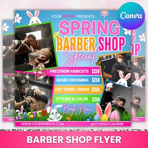 May include: A pink and blue flyer with a spring theme for a barber shop. The flyer features images of barbers cutting hair and the text "Spring Barber Shop Special". The flyer also includes a list of services and prices, including precision haircuts, beard grooming, hot towel shave, and styling and color, all for $250. The flyer also includes the text "Book Now!" and the website address "WWW.YOURWEBSITE.COM".