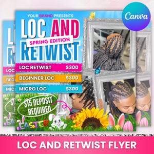 Locs Specials Flyer, Loc And Retwist Flyer, Dread Locks Flyer, Loc Styling Braids Flyer, Hairstylist, Loctician,Locs Special, Canva Editable  Loc And Retwist Flyer, March Booking Flyer, March Bookings, St. Patricks Flyer, Hairstylist, Loctician, Locs Special, Canva Editable April Booking Flyer Template - Spring Bookings - Easter Appointment Flyer - Hair Lash Makeup Nail Book Now Flyer - Canva Template  April Booking Flyer, April Beauty Specials, Spring Books Open, Spring Booking,