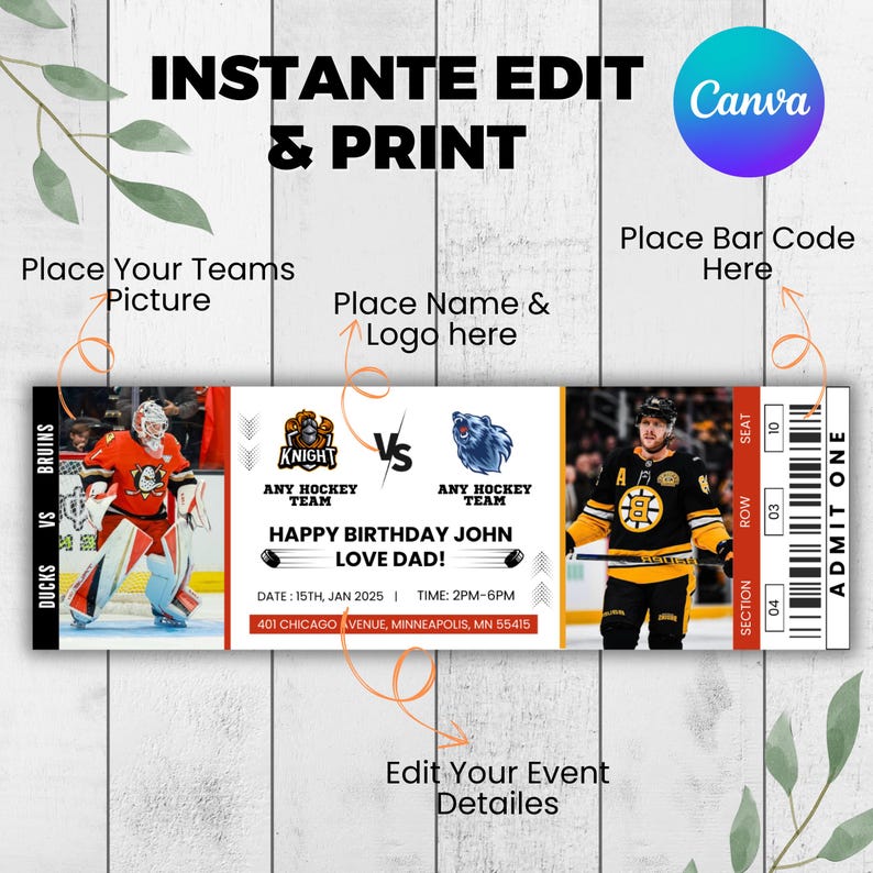 Editable Hockey Ticket, Hockey Ticket Template, Surprise Hockey Game Ticket, Printable Sports Ticket Gift for Him,  Canva Editable
