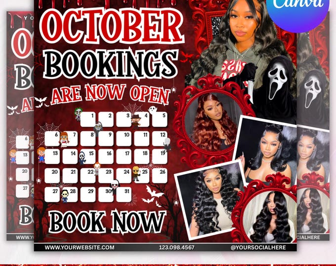 October Booking Flyer, October Books Open, Halloween Hair Flyer, Spooky SZN Flyer, October Hair Flyer, Nails MUA Lash Locs Wig, DIY Canva