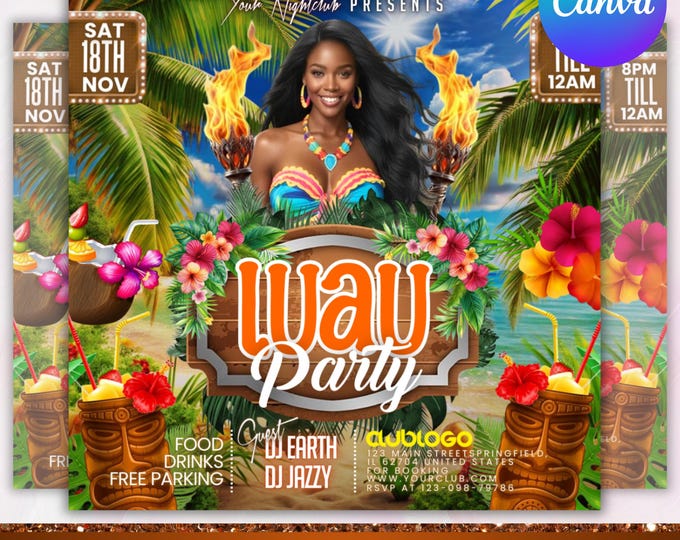 Luau Party Flyer, Hawaiian Party Flyer, Summer Beach Party Flyer,Club Party Invitation, Summer Break Flyer, Pool Party Flyer, Canva Editable