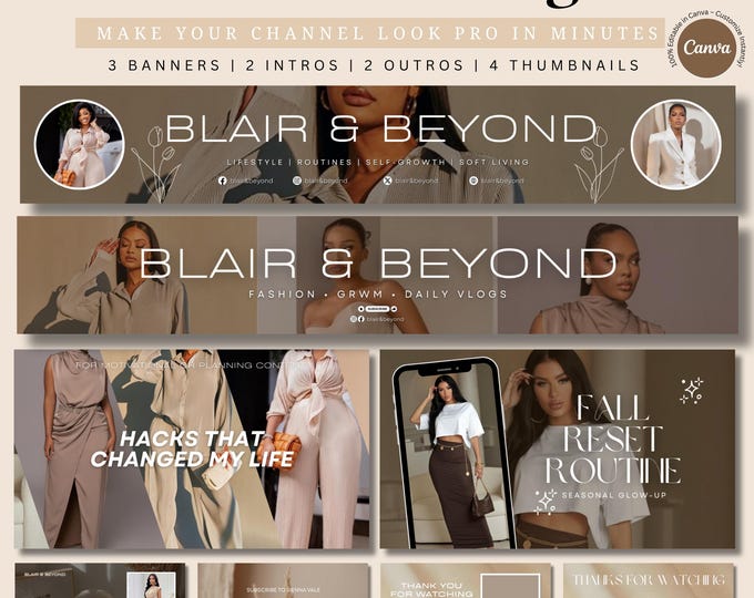 YouTube Branding Kit Template, Youtube Banners, Youtube Thumbnails, Youtube Intros Outros, Social Media Brand Kit, Canva Editable