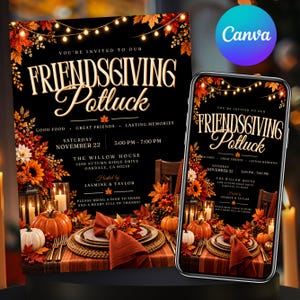 Op de afbeelding: Een Friendsgiving potluck uitnodigingssjabloon met een zwarte achtergrond, herfstbladeren, lichtsnoeren en pompoenen. De tekst luidt: You're invited to our Friendsgiving Potluck, Saturday November 22, 3:00 PM - 7:00 PM, The Willow House.