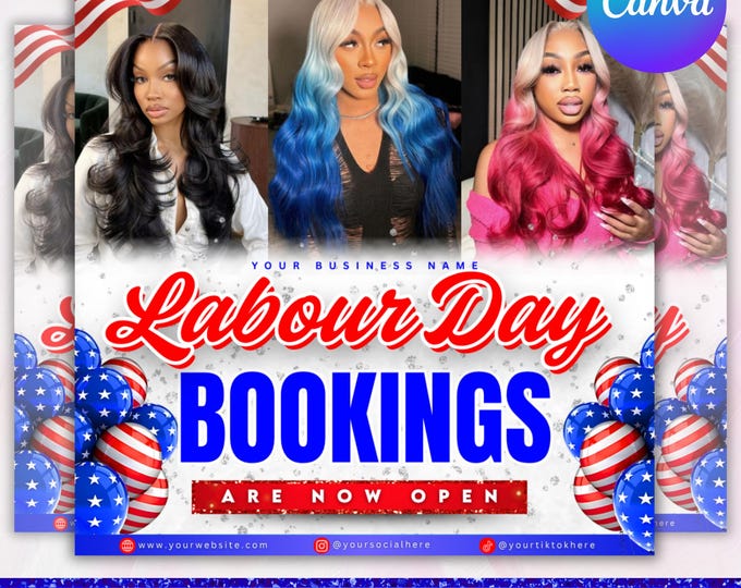 Labor Day Booking Flyer, Labor Day Special, September Booking Flyer, Braids, Nail, Lash, Wig Install, Social Media Flyer, Canva Editable