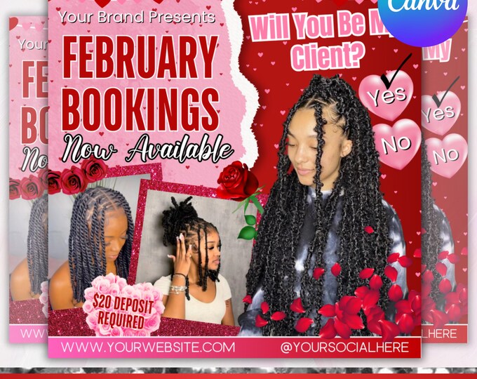February Booking Flyer, Valentines Day Booking Flyer, February Booking, Hair Braids Nail Lash Makeup Wig Install , Canva Editable