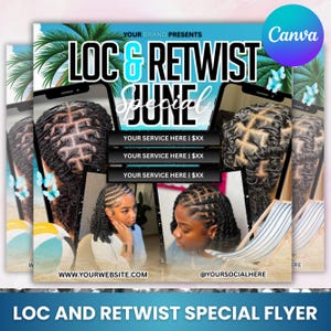 Op de afbeelding: Promotieflyer voor loc- en retwistdiensten. Het ontwerp toont de tekst "LOC & RETWIST JUNE" in grote letters. De flyer bevat afbeeldingen van kapsels, een websiteadres en een social media-handle. De achtergrond is een tropische strandscène.