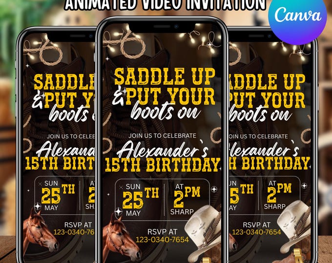 Digital Western Party Invite, Animated Western Party Invitation, Saddle Up and Put Your Boots On Western Birthday Invite, Canva Editable