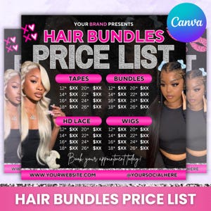 Hair Special Flyer, Hair Price List flyer, Hair Salon Wig Sale Price List Flyer, Hairstylist Wig Install Flyer, Wig Special, Canva Editable