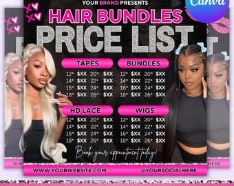 Hair Special Flyer, Hair Price List flyer, Hair Salon Wig Sale Price List Flyer, Hairstylist Wig Install Flyer, Wig Special, Canva Editable
